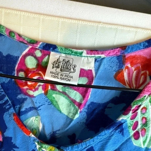 Hi Lites Button Up Rayon  Flowy, Blue Pink Colorful Seashell SummerDress L - Picture 2 of 4